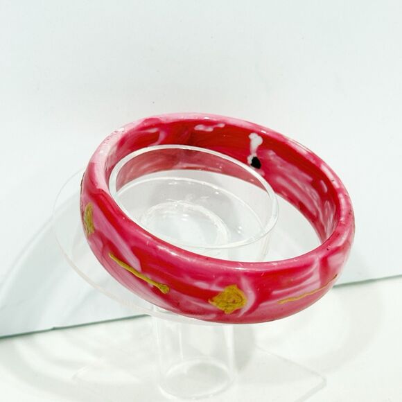 Pink Swirl Resin Bangle Bracelet Gold Hand Painted Sun Design Retro Boho Style - Picture 9 of 14